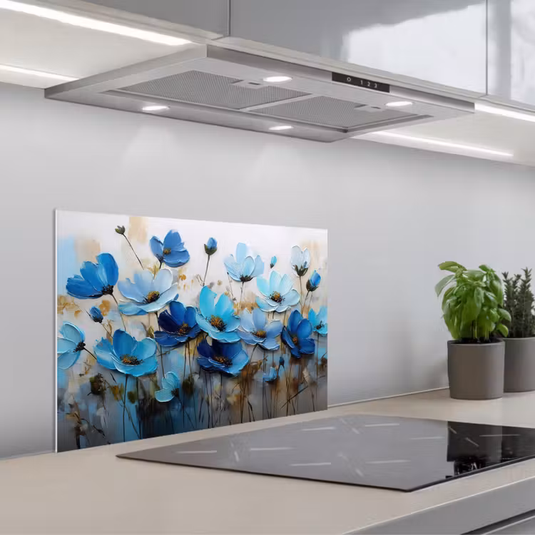 Kitchen splashback for hob - Flowers - Painting - Blue — 1