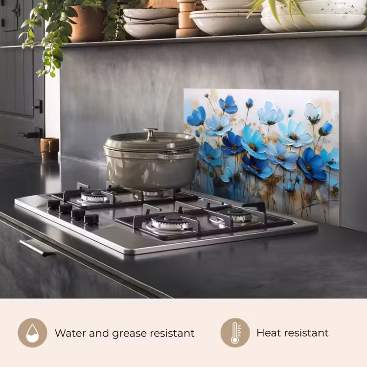 Kitchen splashback for hob - Flowers - Painting - Blue — 2