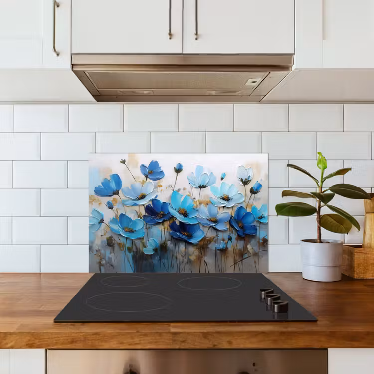 Kitchen splashback for hob - Flowers - Painting - Blue — 3