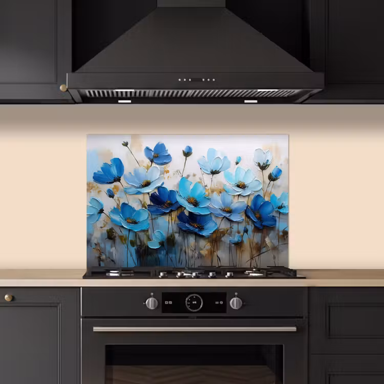Kitchen splashback for hob - Flowers - Painting - Blue — 5