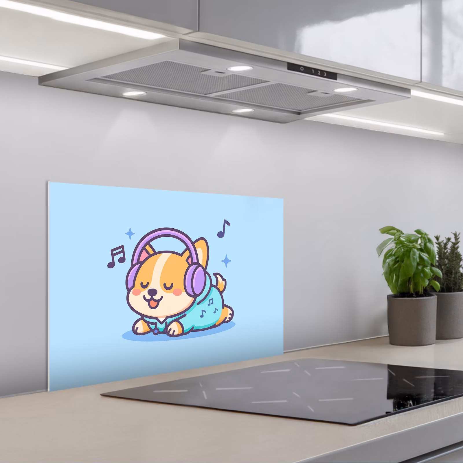 Kitchen splashback for hob - Corgi - Headphones - Blue - Musical notes — 1