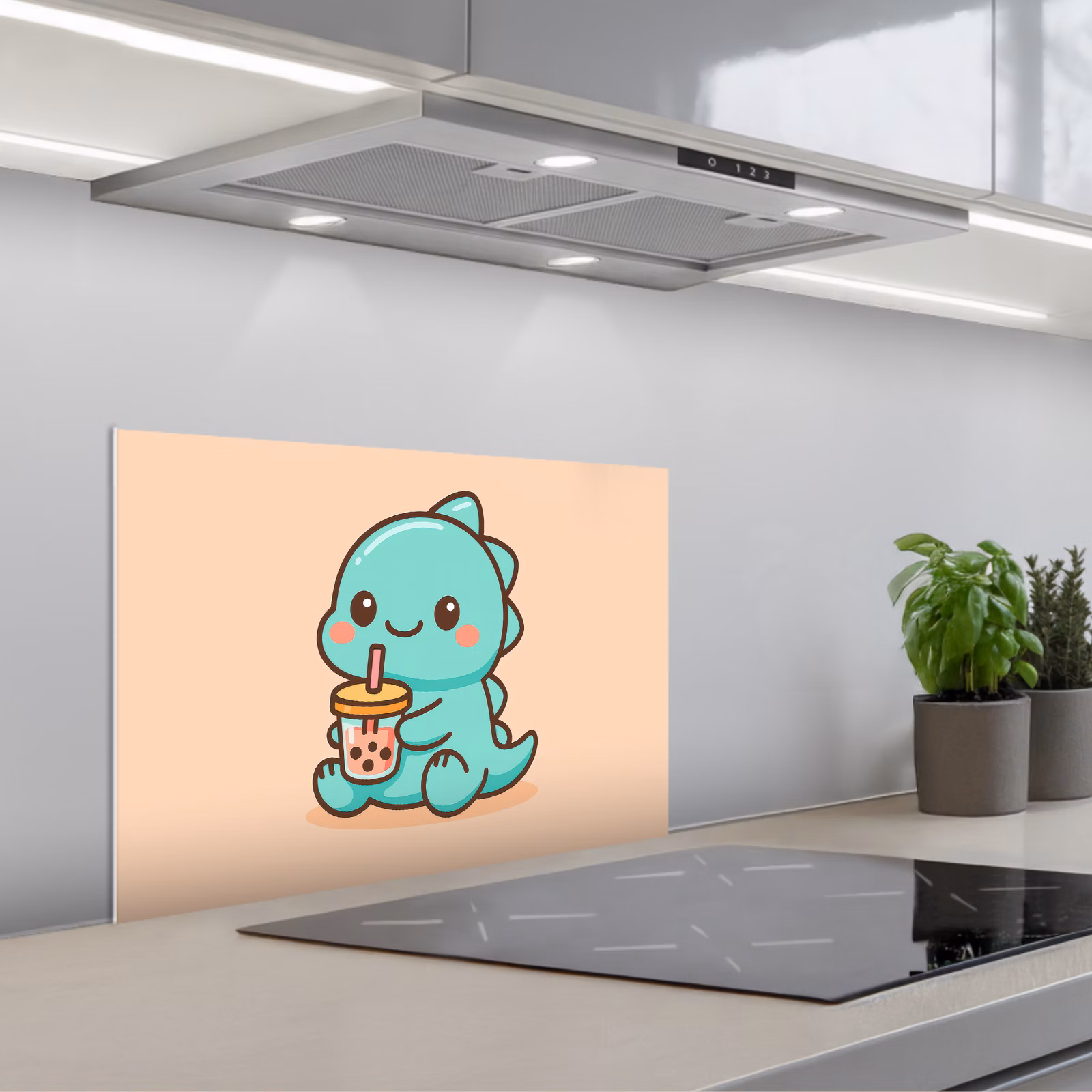 Kitchen splashback for hob - Dino - Boba - kawaii - Orange — 1