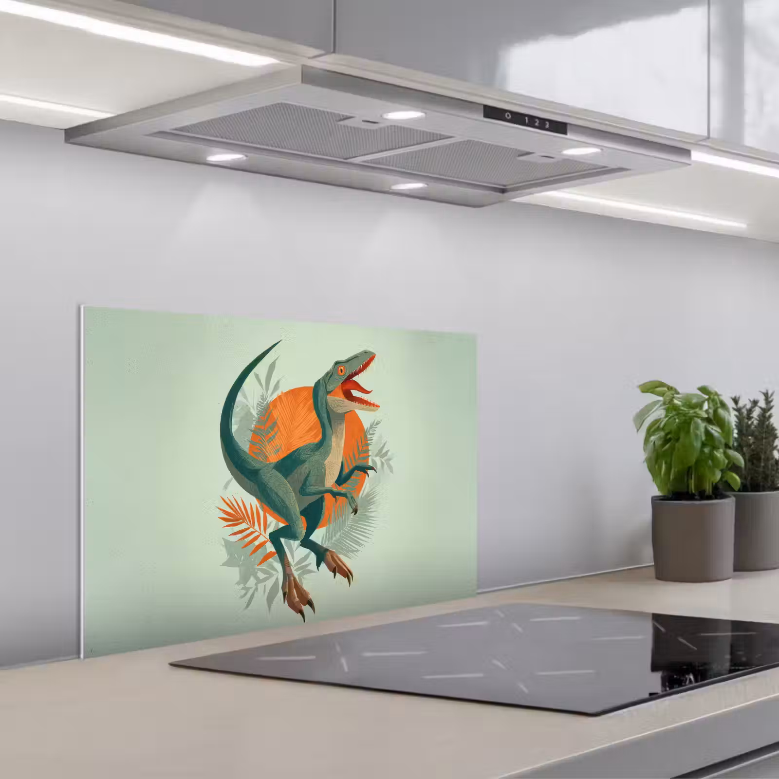 Kitchen splashback for hob - Dino - Leaves - Graphic - Green — 1