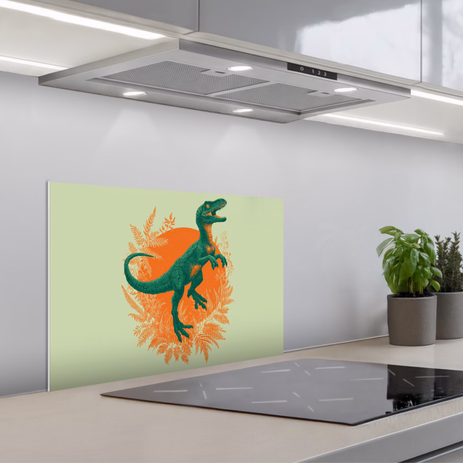 Kitchen splashback for hob - Dinosaur - Green - Plants - Circle — 1