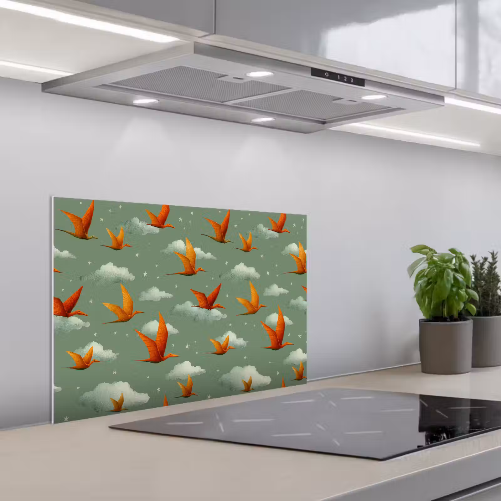Kitchen splashback for hob - Dinosaurs - Clouds - Stars - Orange — 1