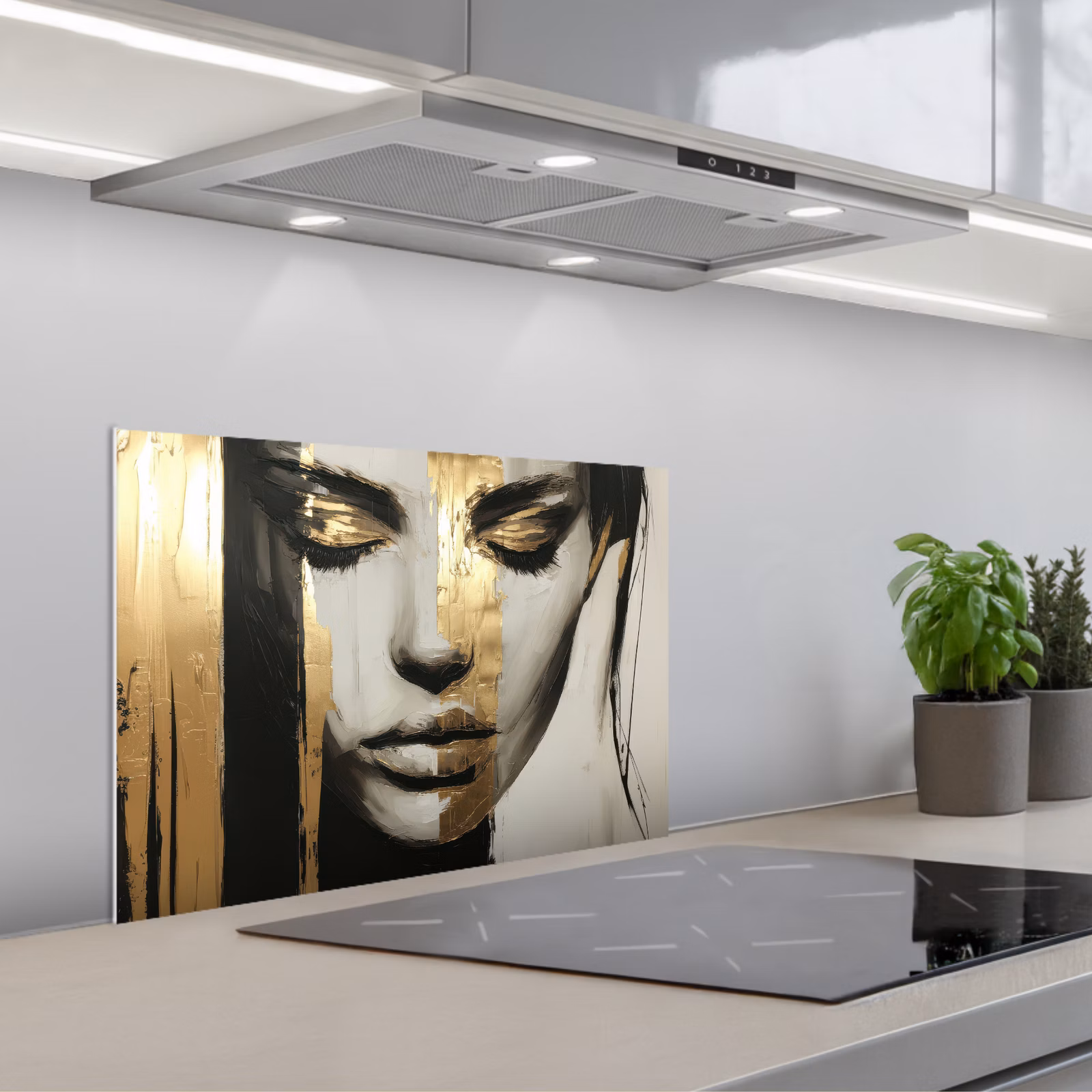Kitchen splashback for hob - Eyes - Face - Gold - Stripes — 1