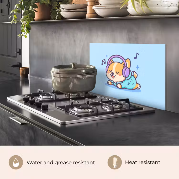 Kitchen splashback for hob - Corgi - Headphones - Blue - Musical notes — 2
