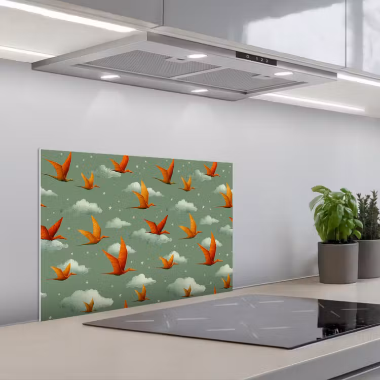 Kitchen splashback for hob - Dinosaurs - Clouds - Stars - Orange — 1