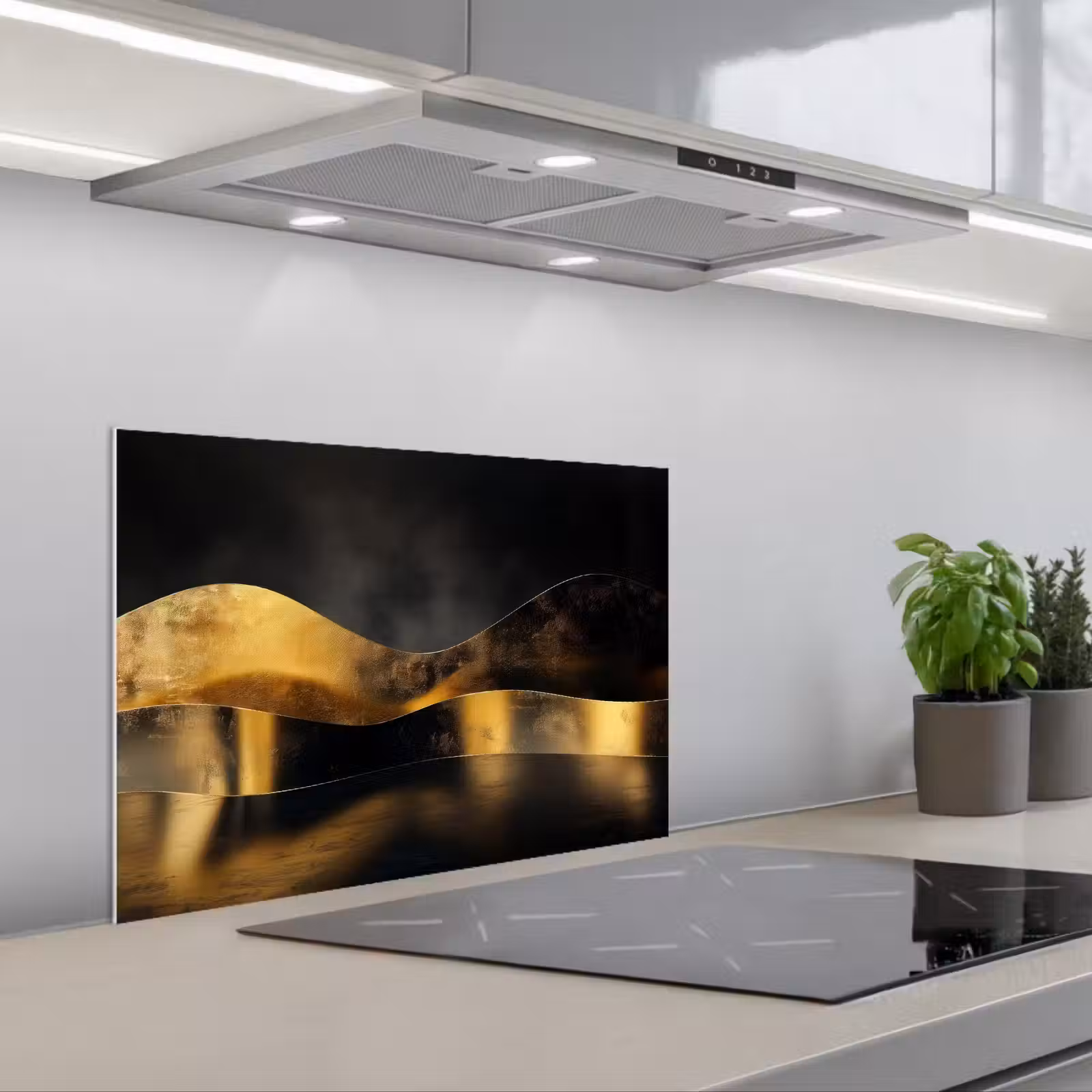 Kitchen splashback for hob - Black - Gold - Waves - Shadow — 1