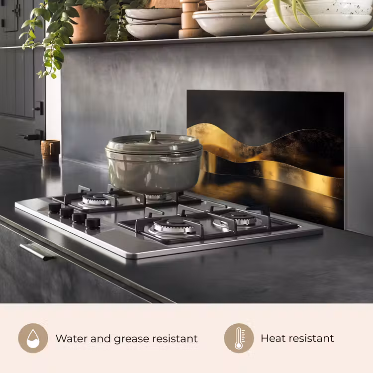 Kitchen splashback for hob - Black - Gold - Waves - Shadow — 2