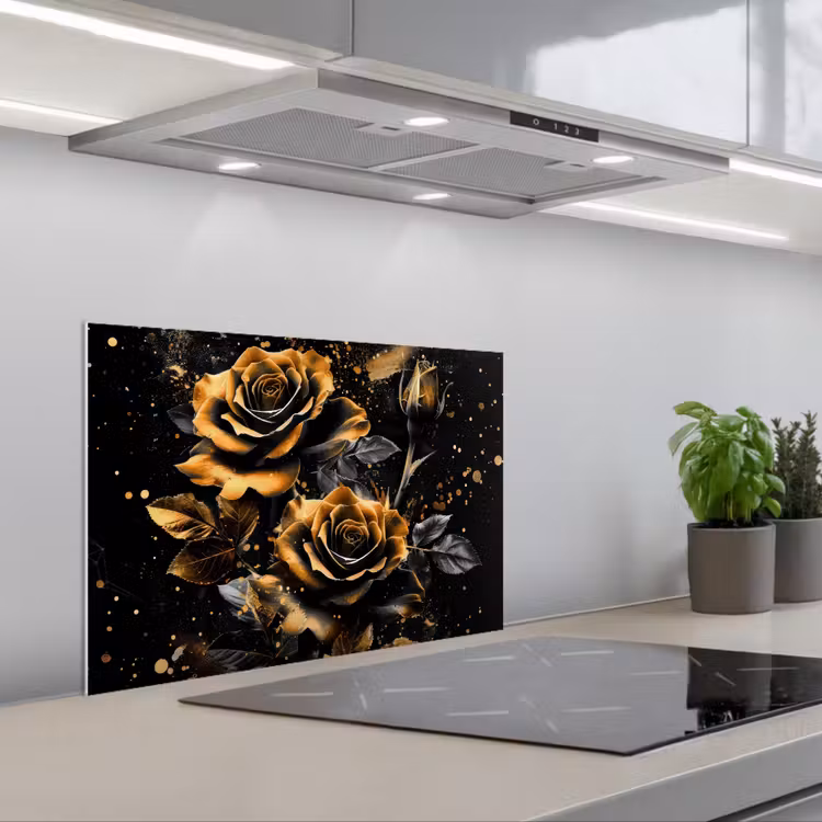 Kitchen splashback for hob - Flowers - Gold - Black - Art — 1
