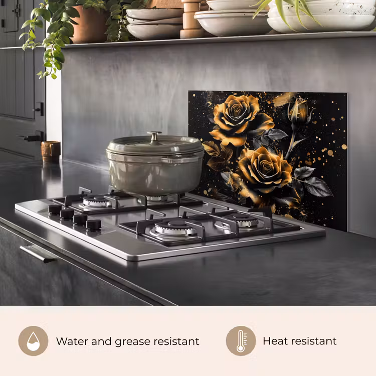 Kitchen splashback for hob - Flowers - Gold - Black - Art — 2