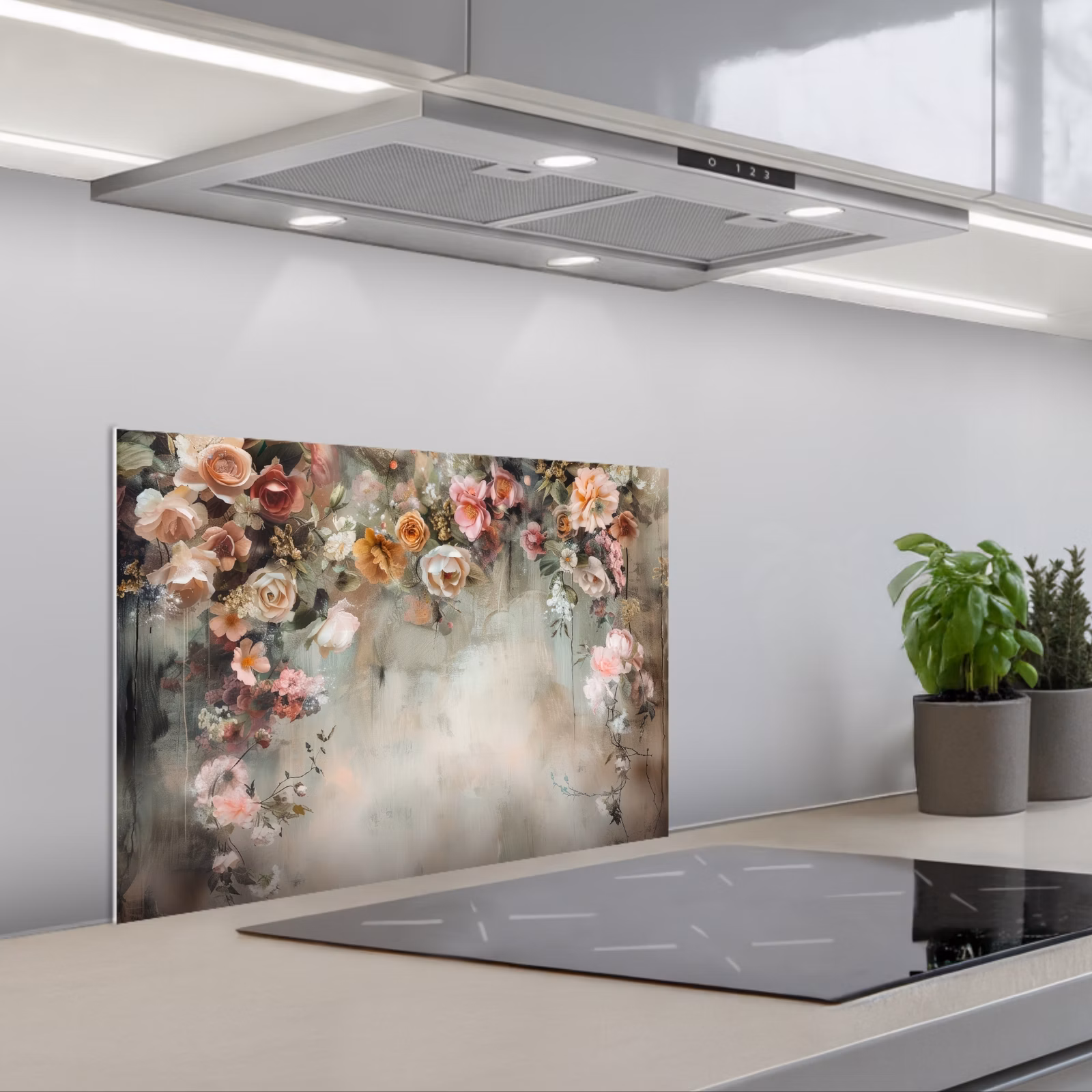Kitchen splashback for hob - Flowers - Concrete - Roses - Gray — 1