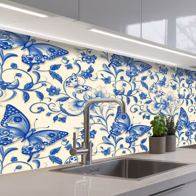 Kitchen splashback - Butterflies - Flowers - Blue - Botanical — 2