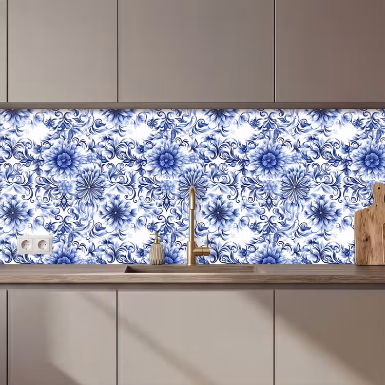 Kitchen splashback - Flowers - Blue - Pattern - White — 1