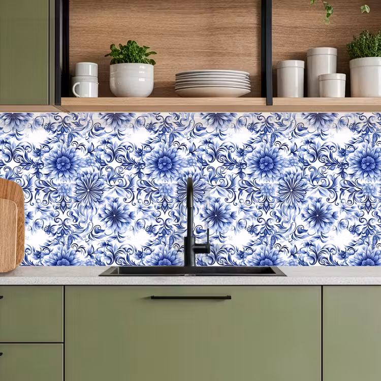 Kitchen splashback - Flowers - Blue - Pattern - White — 8