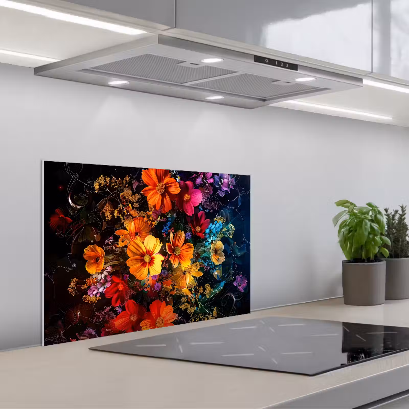 Kitchen splashback for hob - Flowers - Colorful - Black — 1