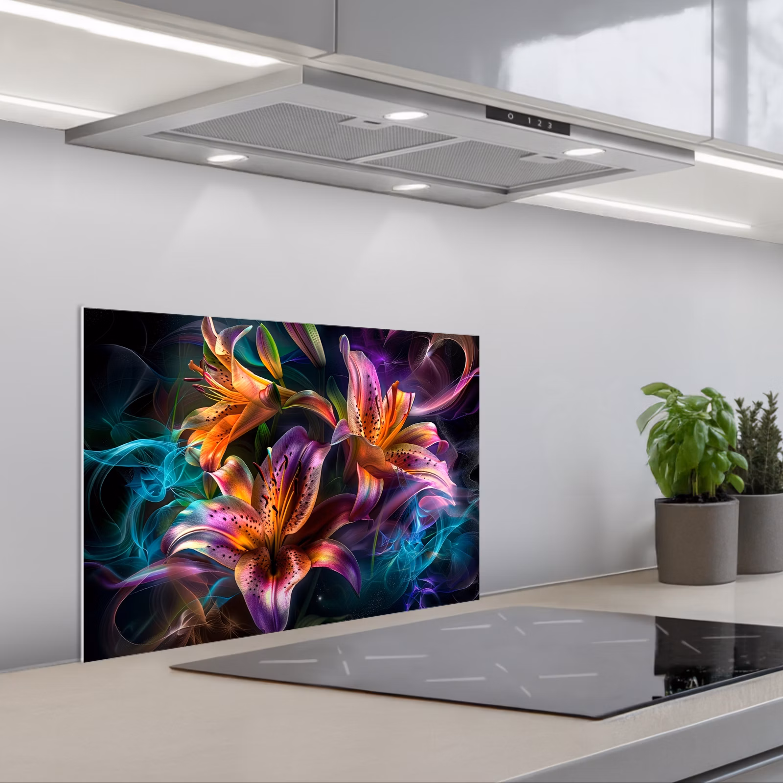 Kitchen splashback for hob - Flowers - Colorful - Black - Art — 1