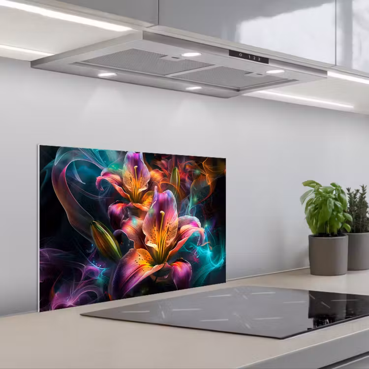 Kitchen splashback for hob - Colorful - Flowers - Black — 1