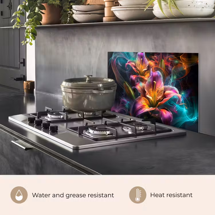Kitchen splashback for hob - Colorful - Flowers - Black — 2