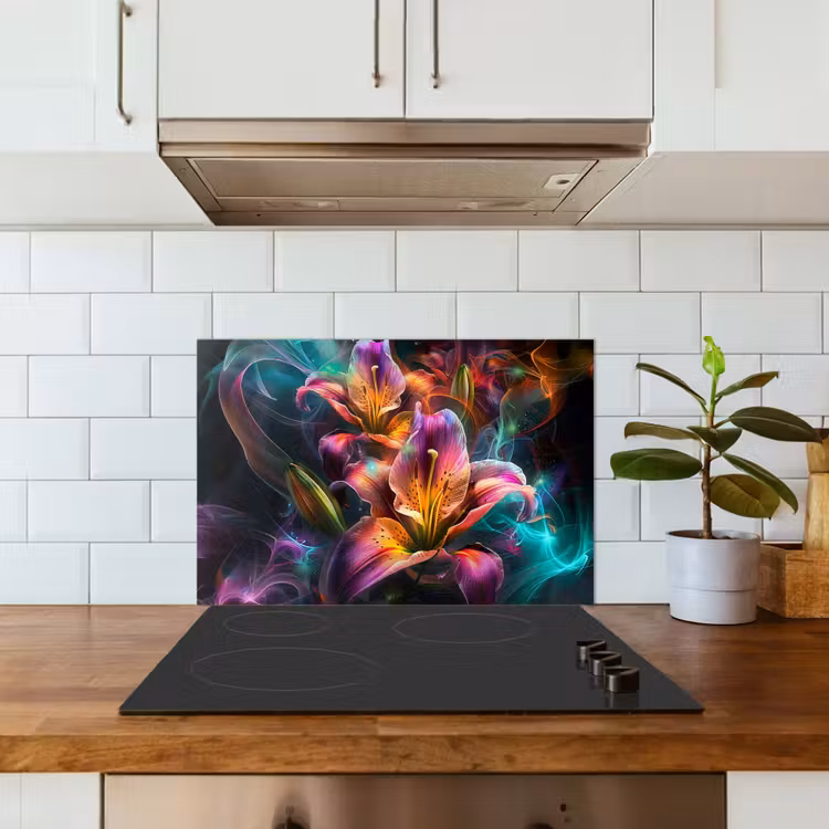 Kitchen splashback for hob - Colorful - Flowers - Black — 3