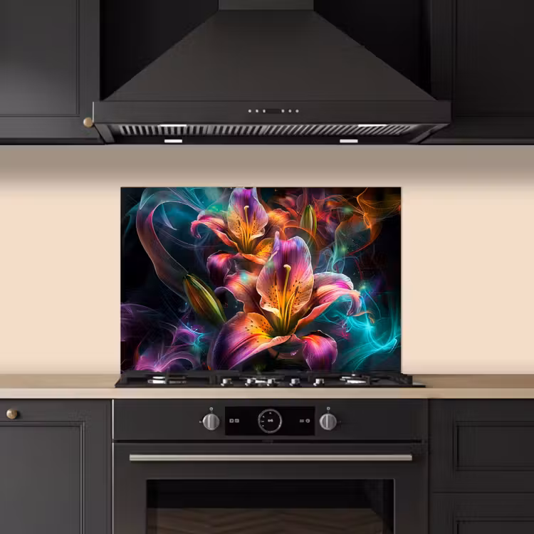 Kitchen splashback for hob - Colorful - Flowers - Black — 5