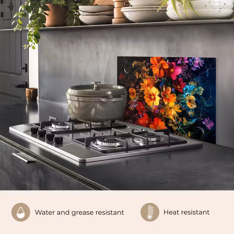 Kitchen splashback for hob - Flowers - Colorful - Black — 2