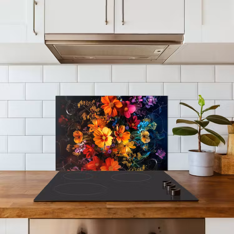 Kitchen splashback for hob - Flowers - Colorful - Black — 3
