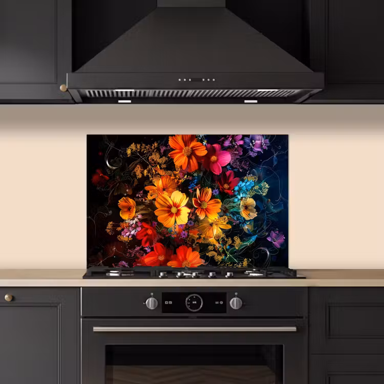 Kitchen splashback for hob - Flowers - Colorful - Black — 5