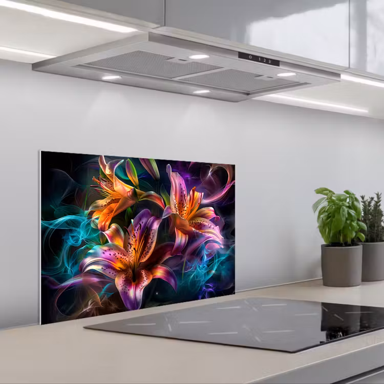 Kitchen splashback for hob - Flowers - Colorful - Black - Art — 1