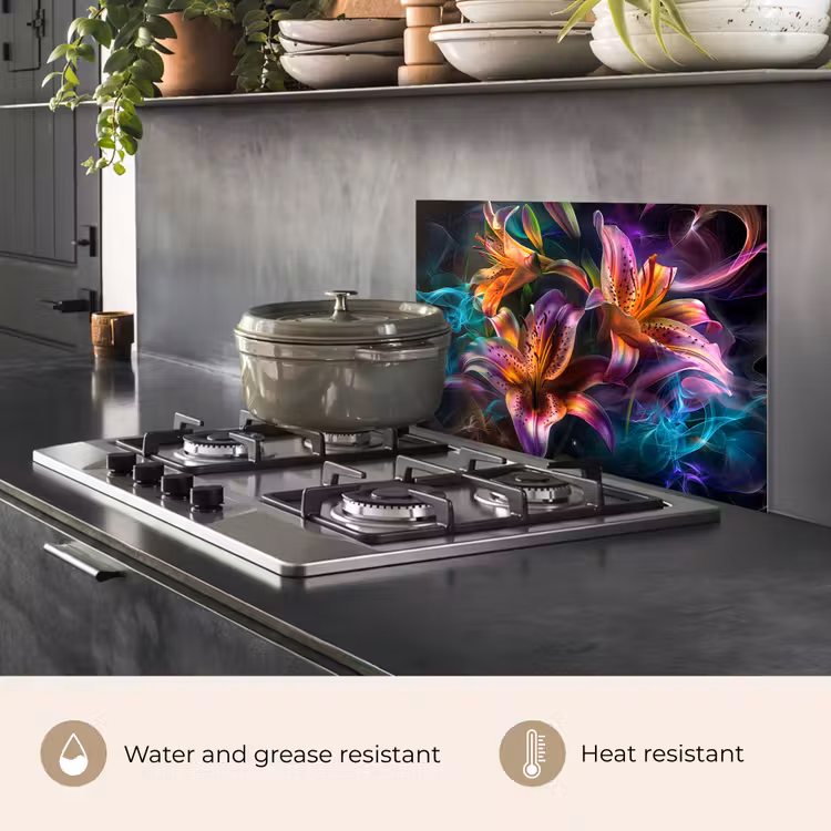 Kitchen splashback for hob - Flowers - Colorful - Black - Art — 2