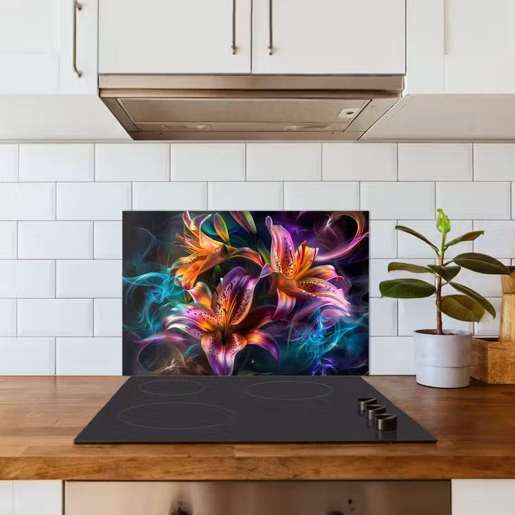 Kitchen splashback for hob - Flowers - Colorful - Black - Art — 3