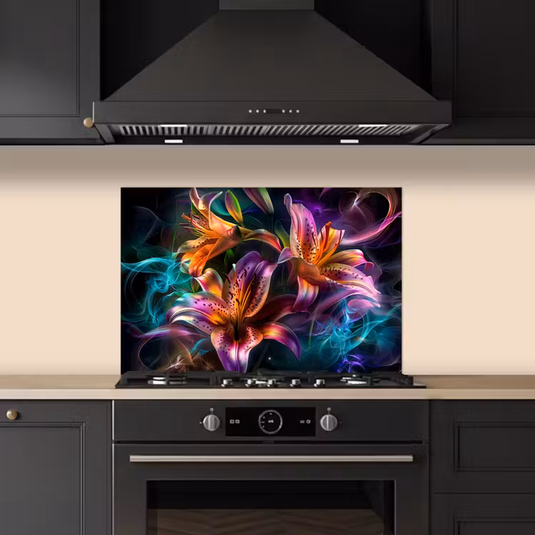 Kitchen splashback for hob - Flowers - Colorful - Black - Art — 5