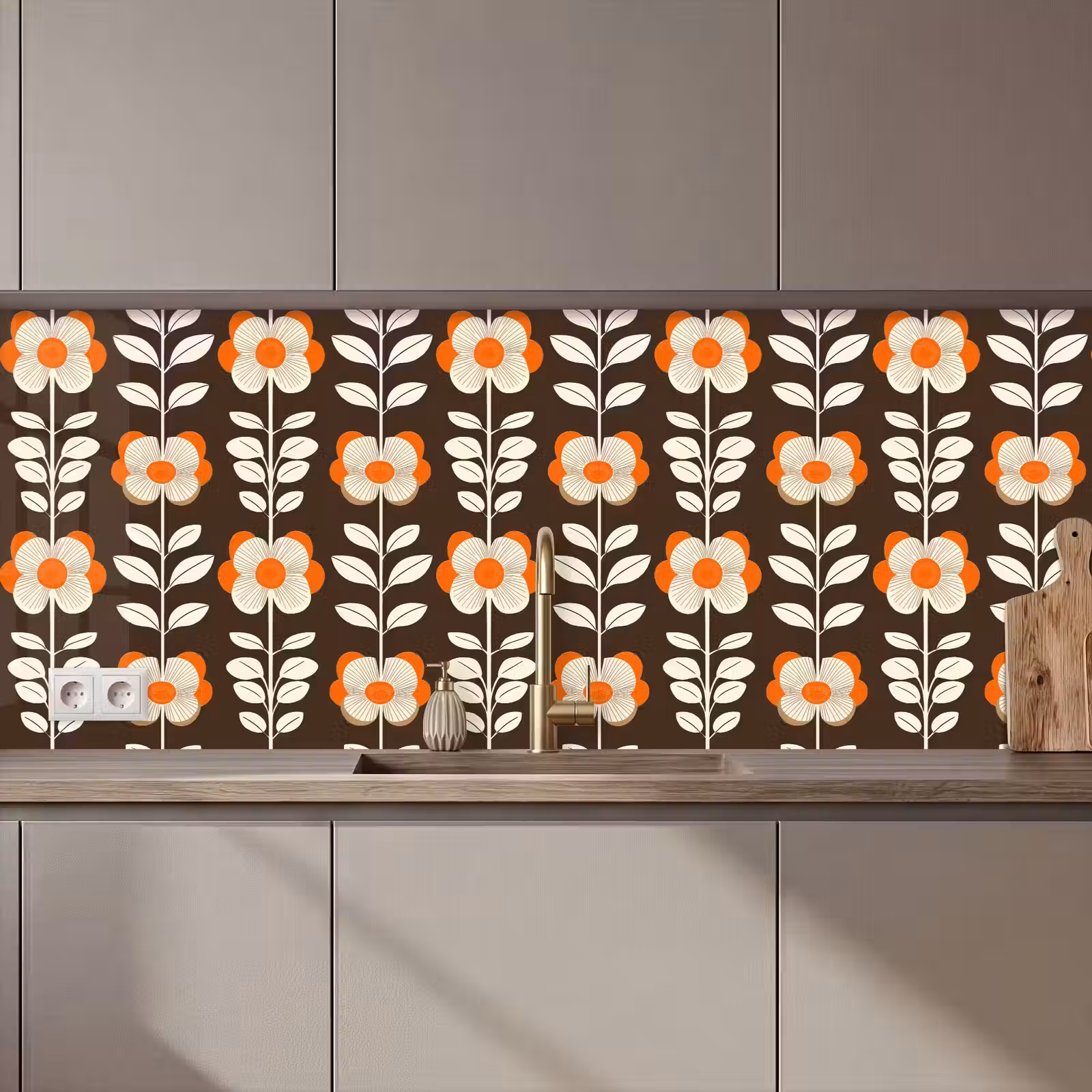 Kitchen splashback - Flowers - Retro - Brown — 1