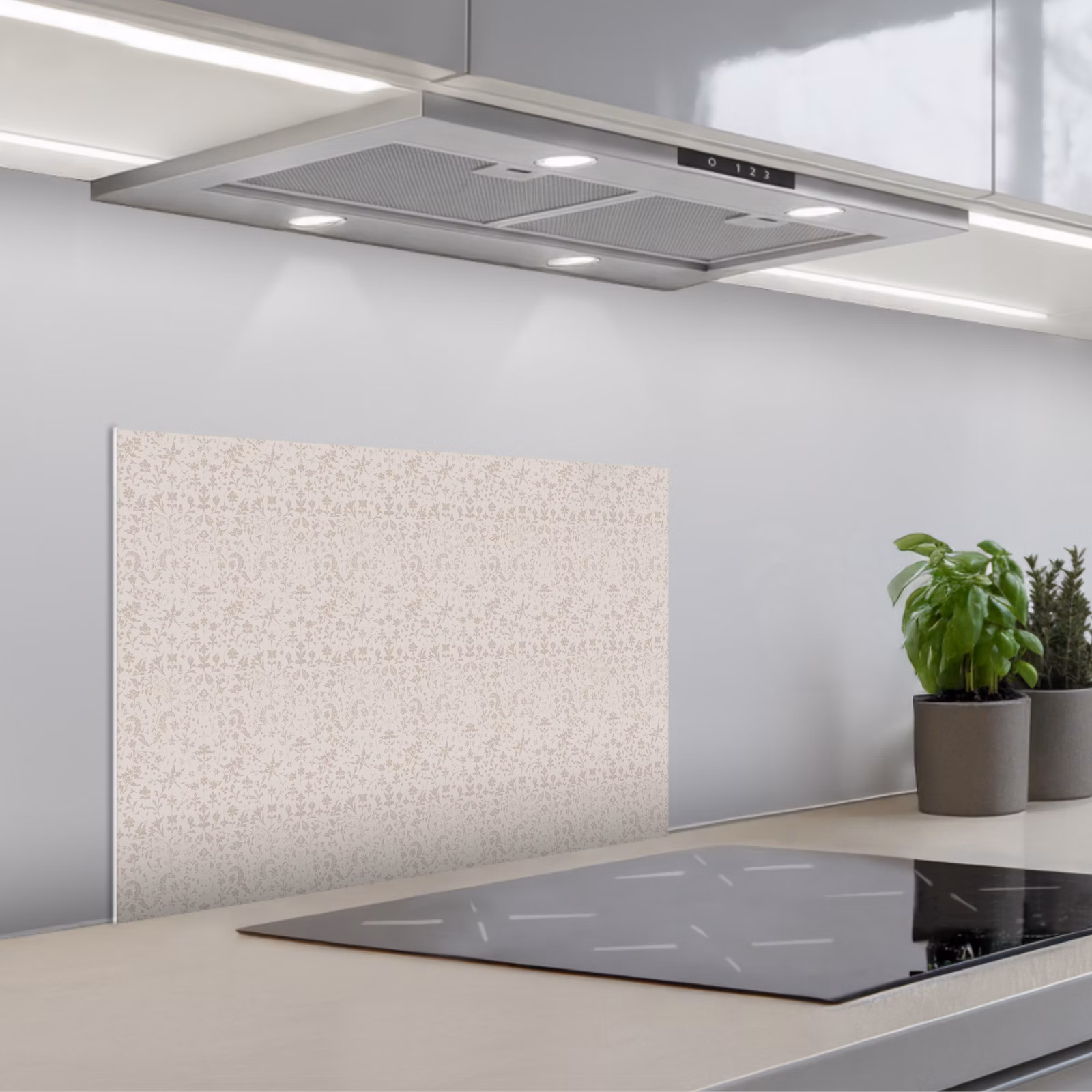 Kitchen splashback for hob - Flowers - Leaves - Light - Taupe — 1