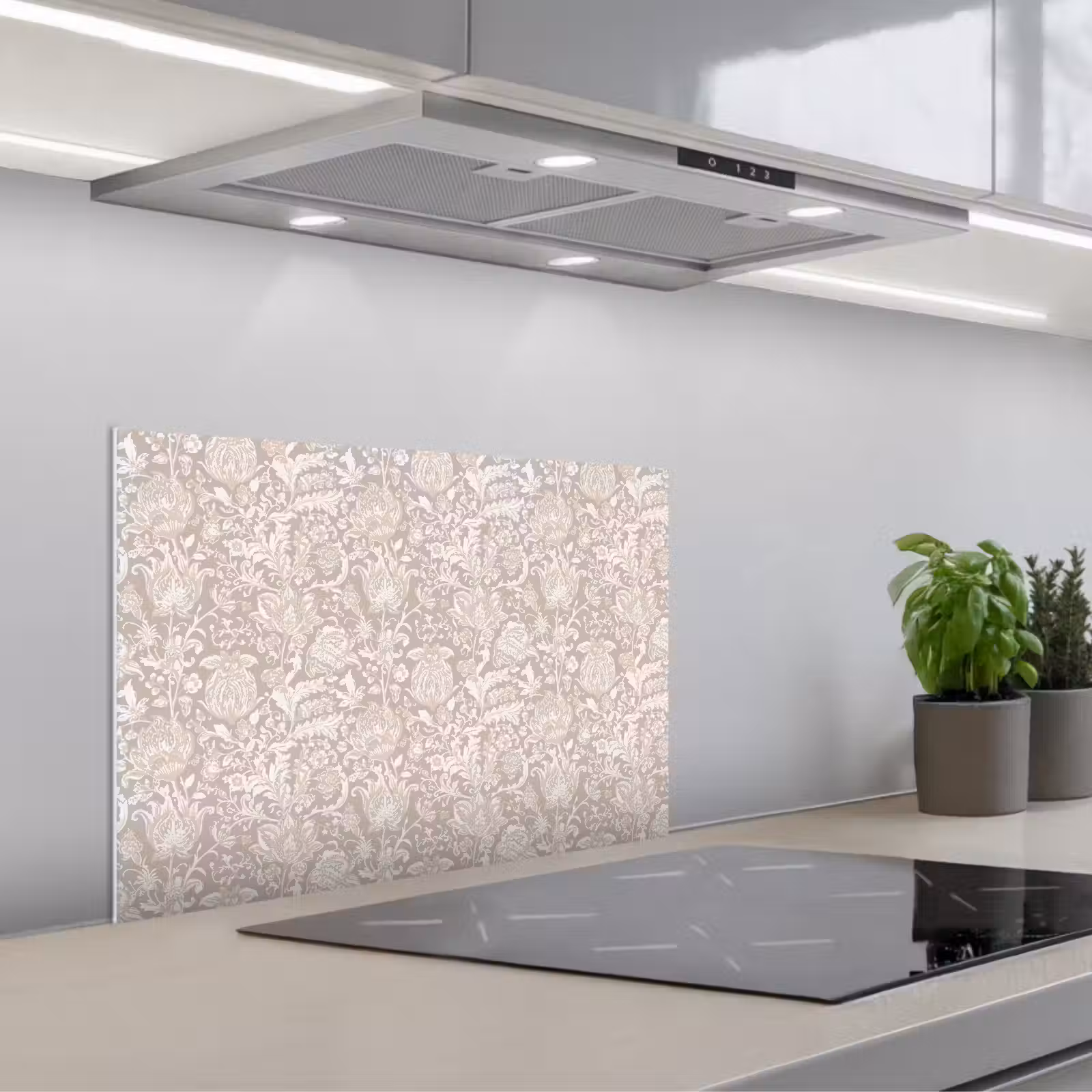 Kitchen splashback for hob - Floral print - Gray - Cream — 1