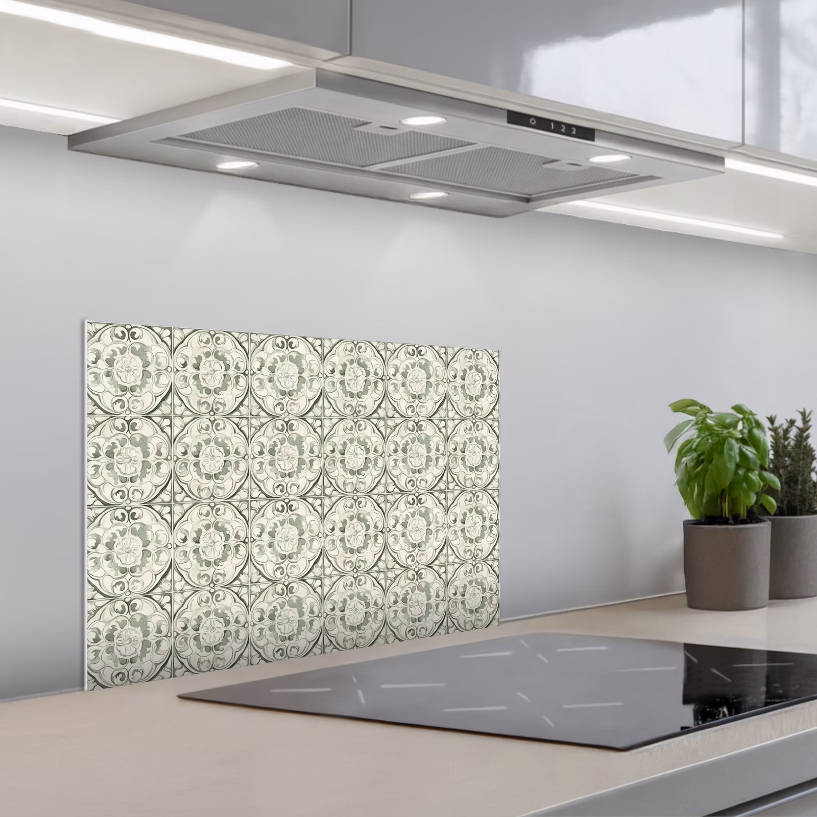 Kitchen splashback for hob - Curly Ornament - Tile - Green — 1