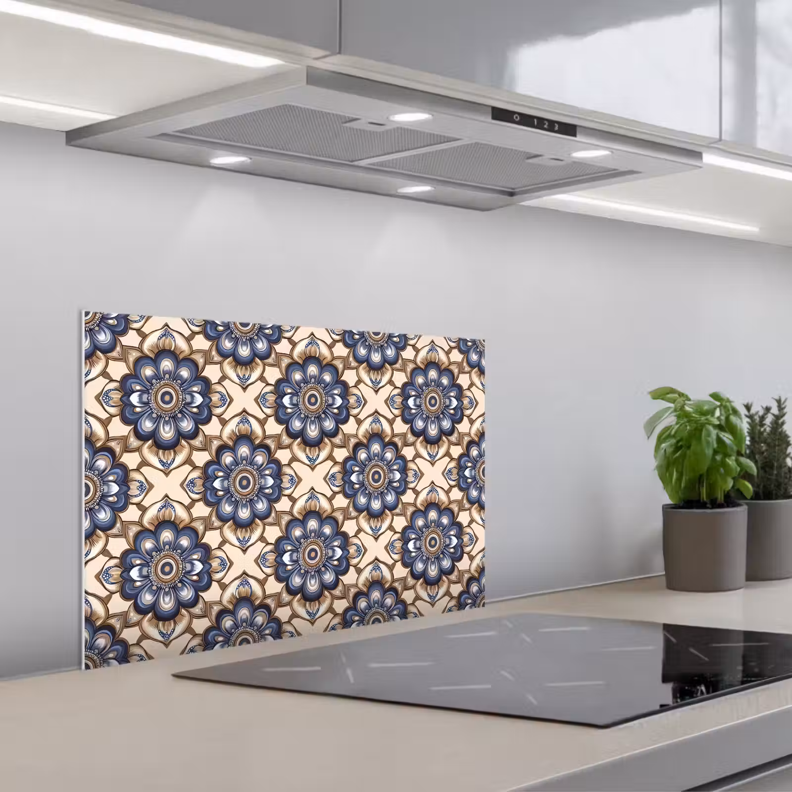 Kitchen splashback for hob - Floral - Ornament - Blue — 1