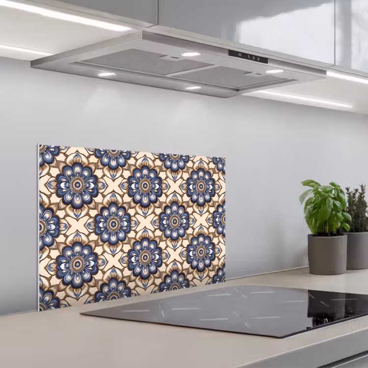 Kitchen splashback for hob - Floral - Ornament - Blue — 1