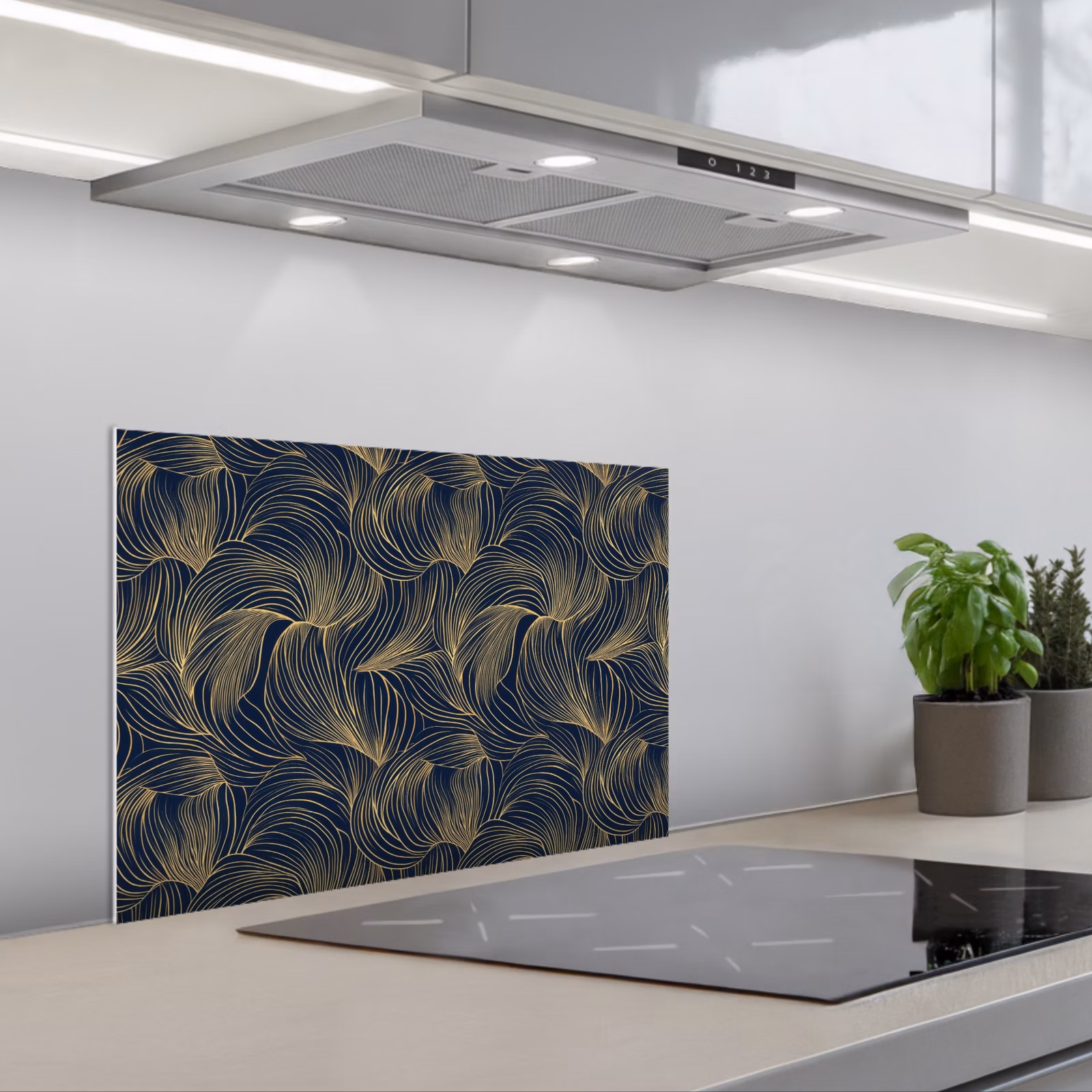 Kitchen splashback for hob - Abstract - Lines - Blue - Gold — 1