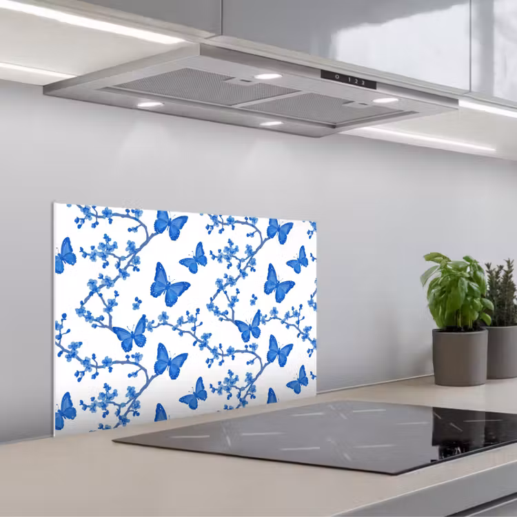 Kitchen splashback for hob - Butterfly - Flowers - Blue — 1