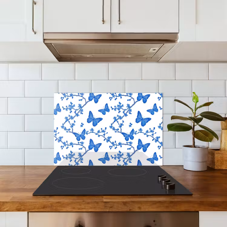 Kitchen splashback for hob - Butterfly - Flowers - Blue — 3