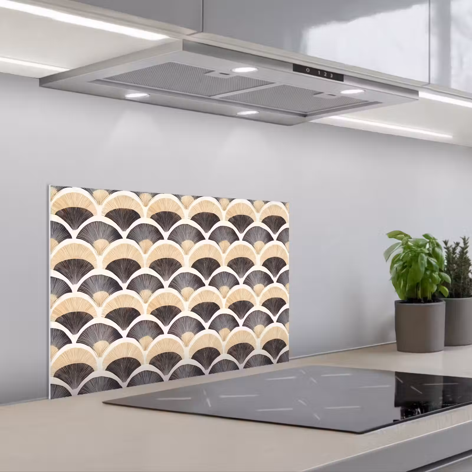 Kitchen splashback for hob - Fan - Pattern - Black - Beige — 1