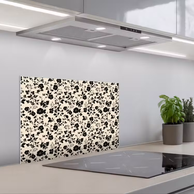 Kitchen splashback for hob - Flowers - Pattern - Black — 1
