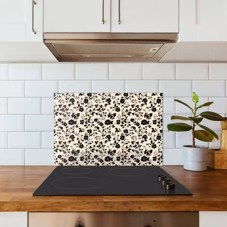 Kitchen splashback for hob - Flowers - Pattern - Black — 3