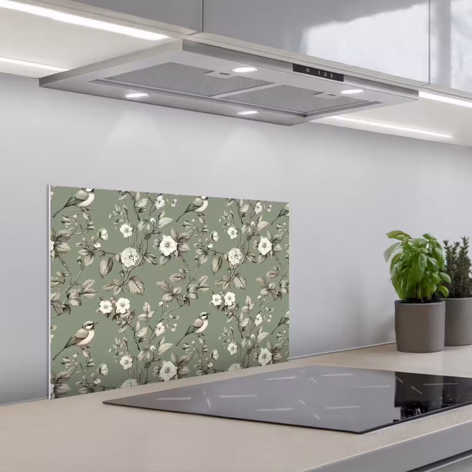 Kitchen splashback for hob - Botanical - Birds - Green — 1