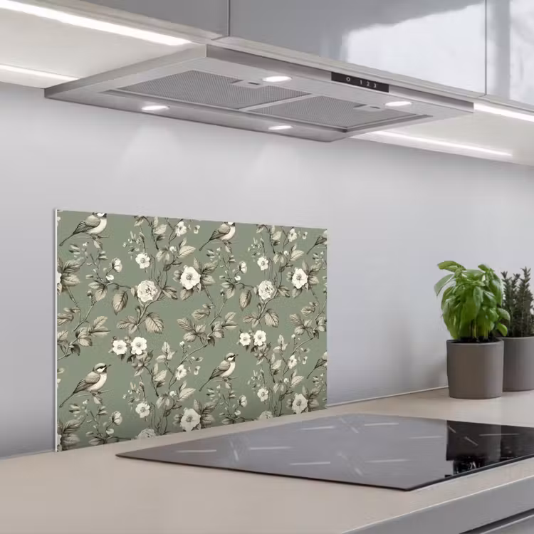 Kitchen splashback for hob - Botanical - Birds - Green — 1