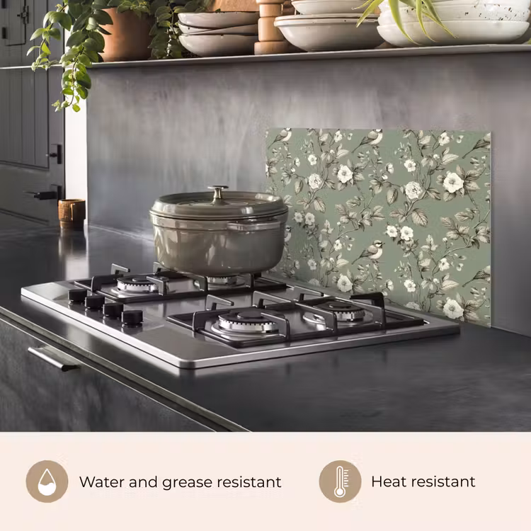 Kitchen splashback for hob - Botanical - Birds - Green — 2
