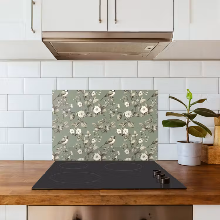 Kitchen splashback for hob - Botanical - Birds - Green — 3