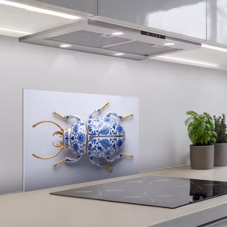 Kitchen splashback for hob - Beetle - Delft - Blue - Gold — 1